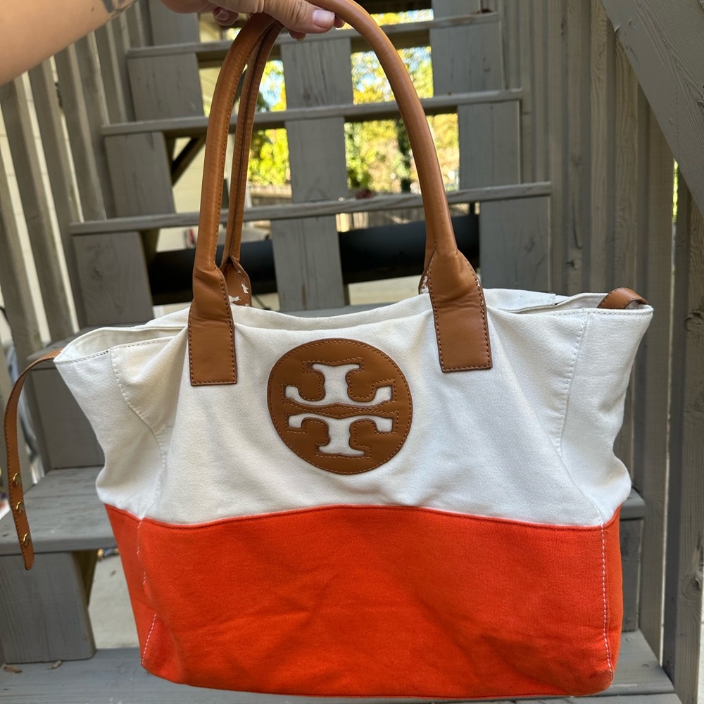 Tory Burch Two-Tone Canvas Tote in Orange and White